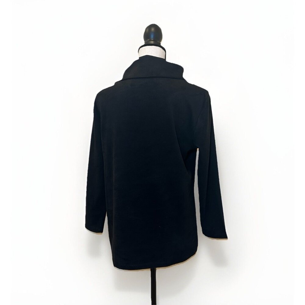 J McLaughlin Women’s Medium Black Faux Suede Long Sleeve Mock Neck Gold Buttons - Picture 2 of 12